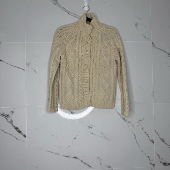 Sweater Women XS Wool Cable Knit Fisherman Cardigan Irish Chunky Warm Cozy - Picture 1 of 6